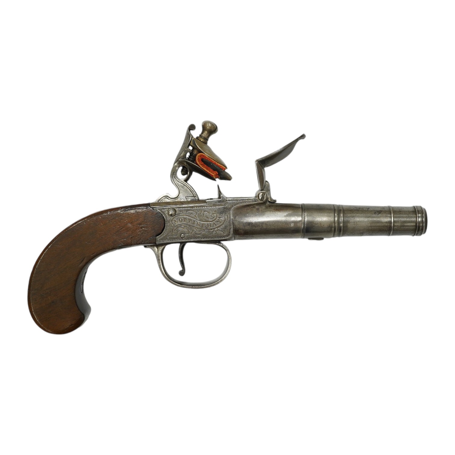 A cannon barrel flintlock boxlock travelling pistol by R. Daykin of Nottingham, with turn off cannon barrel, Tower private proof marks, signed frame upon foliate engraved background, slab walnut grip and sliding trigger